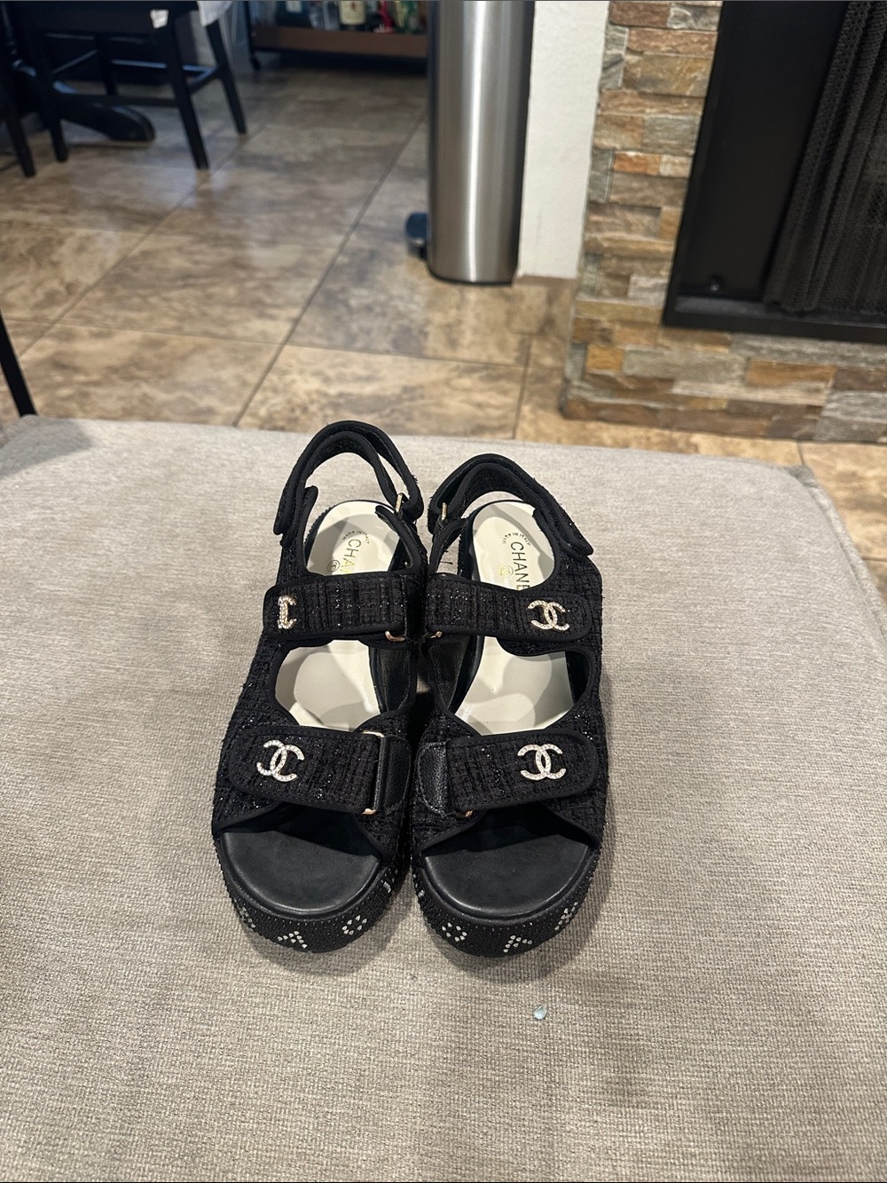 Women’s Black Tweed Crystal  Platform Sandals EU 38